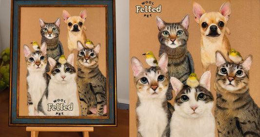 A Family Reunited in Wool: Carina's Custom Pet Portrait of 4 Cats, 1 Dog & 3 Birds